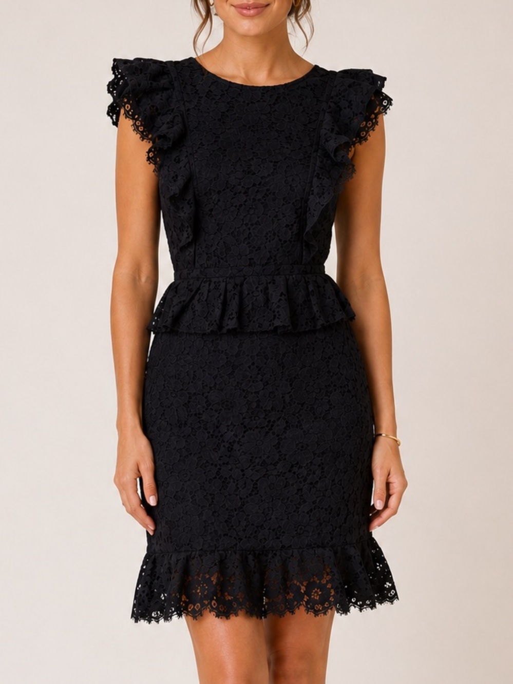 Joie Black Lace Peplum Cocktail Dress Size 8 Flutter Sleeve Sheath